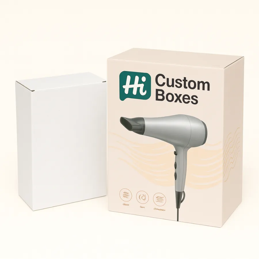 Two upright rectangular boxes- one plain white and one printed with hair dryer product branding-